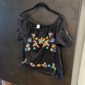 Floral Embroidered Black Blouse 100% Cotton